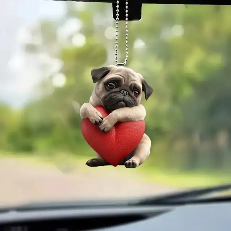 2d Adorable Pug Pendant Cute Puppy With Heart Keychain Acrylic Versatile Charm For Car Mirror Móc Treo Đeo Thoại, Standee, Móc Khoá In Theo Yêu Cầu, Chất Liệu Mica Dày 4mm, Kích Thước 5.5 Cm, Có In Test Mẫu