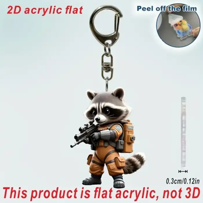2d Cute Raccoon Soldier Keychain Cartoon Animal Themed Pendant Flat Acrylic Hanging Charm For Móc Treo Đeo Thoại, Standee, Móc Khoá In Theo Yêu Cầu, Chất Liệu Mica Dày 4mm, Kích Thước 5.5 Cm, Có In Test Mẫu