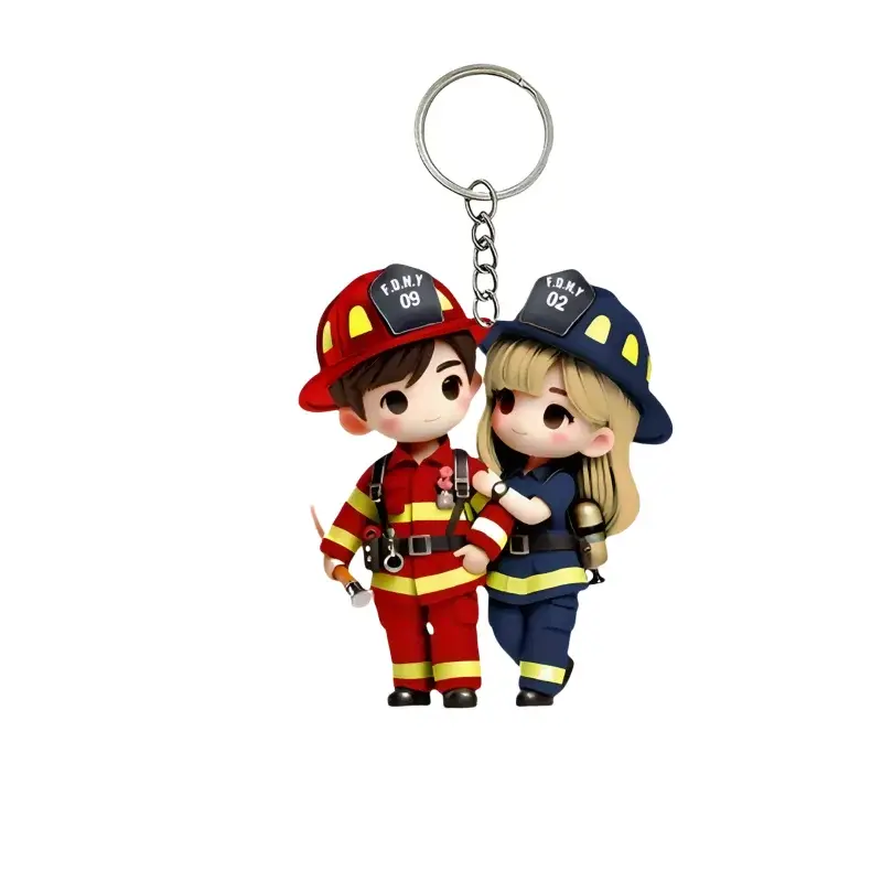 2d Firefighter Couple Keychain Cute Flat Acrylic Pendant Car Mirror Charm Backpack Accessory Móc Treo Đeo Thoại, Standee, Móc Khoá In Theo Yêu Cầu, Chất Liệu Mica Dày 4mm, Kích Thước 5.5 Cm, Có In Test Mẫu