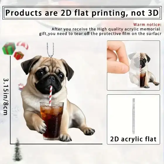 2d Hugging Pug Keychain Puppy Pendant Flat Acrylic Ornament Charm For Car Bag Festive Party Móc Treo Đeo Thoại, Standee, Móc Khoá In Theo Yêu Cầu, Chất Liệu Mica Dày 4mm, Kích Thước 5.5 Cm, Có In Test Mẫu