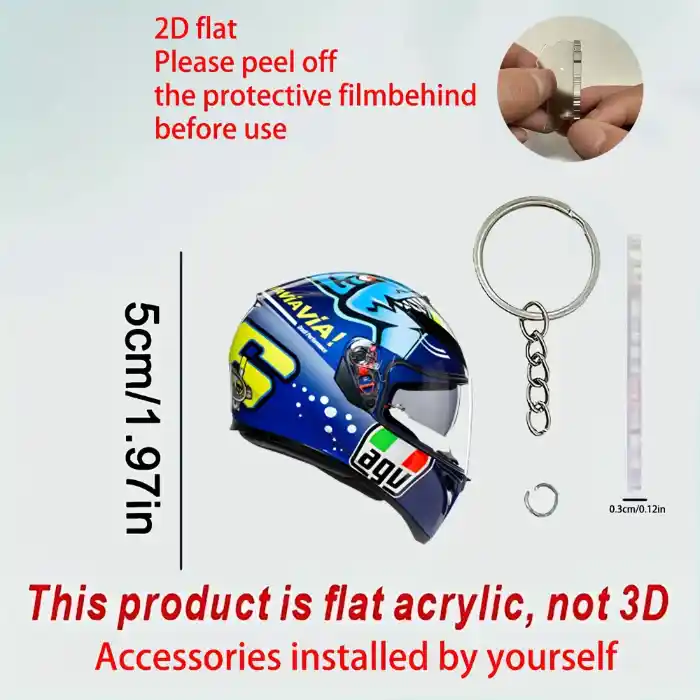 2d Motorcycle Helmet Keychain Whimsical Pendant Flat Acrylic Ornament Charm For Car Bag Party Móc Treo Đeo Thoại, Standee, Móc Khoá In Theo Yêu Cầu, Chất Liệu Mica Dày 4mm, Kích Thước 5.5 Cm, Có In Test Mẫu
