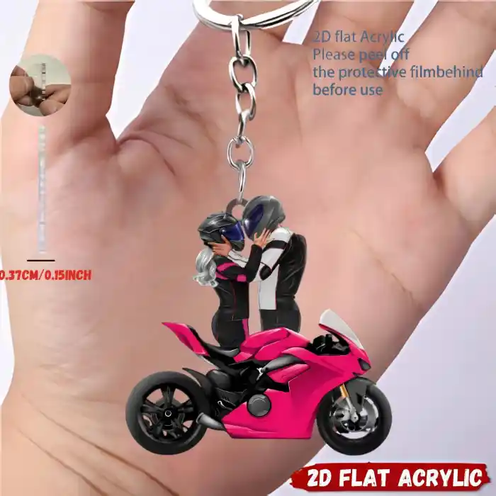 2d Motorcycle Keychain Moto Themed Pendant Kissing Couple Flat Acrylic Ornament Hanging Móc Treo Đeo Thoại, Standee, Móc Khoá In Theo Yêu Cầu, Chất Liệu Mica Dày 4mm, Kích Thước 5.5 Cm, Có In Test Mẫu