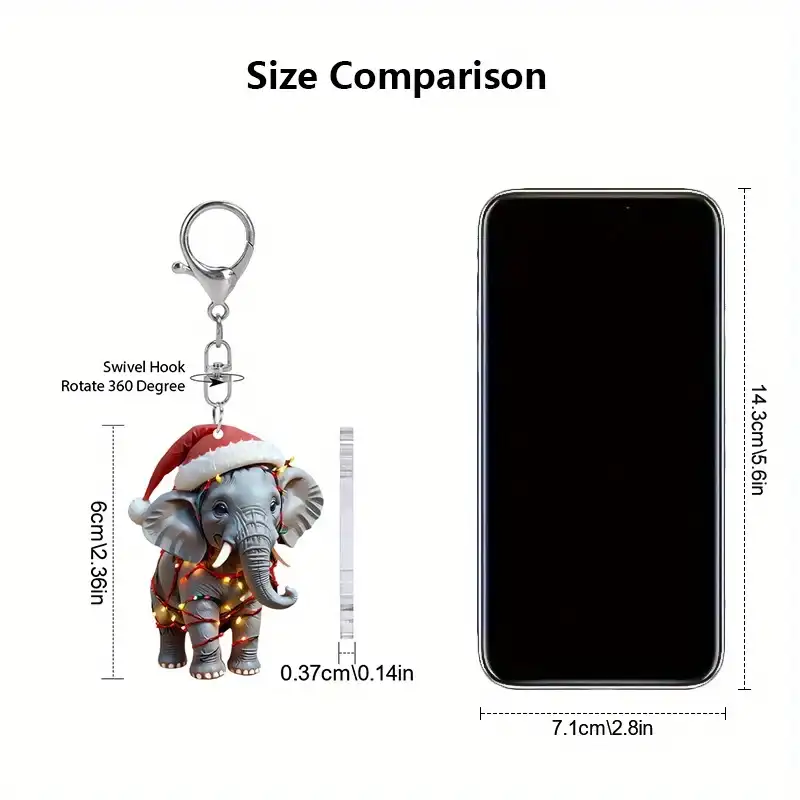 2d Shinning Elephant Keychain Acrylic Hanging Ornament Christmas Decor Festive Santa Hat Móc Treo Đeo Thoại, Standee, Móc Khoá In Theo Yêu Cầu, Chất Liệu Mica Dày 4mm, Kích Thước 5.5 Cm, Có In Test Mẫu