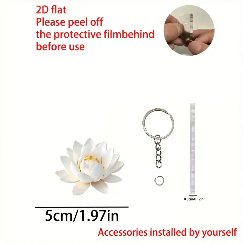 2d White Lotus Keychain Elegant Key Pendant Flat Acrylic Hanging Ornament For Móc Treo Đeo Thoại, Standee, Móc Khoá In Theo Yêu Cầu, Chất Liệu Mica Dày 4mm, Kích Thước 5.5 Cm, Có In Test Mẫu