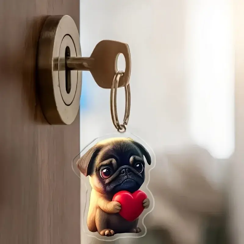 Adorable Pug Hugging Heart Keychain Cute Puppy Acrylic Pendant Versatile Charm For Car Móc Treo Đeo Thoại, Standee, Móc Khoá In Theo Yêu Cầu, Chất Liệu Mica Dày 4mm, Kích Thước 5.5 Cm, Có In Test Mẫu