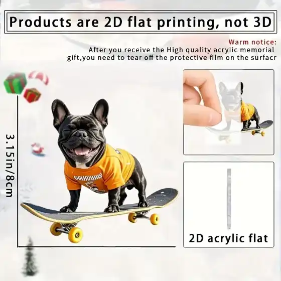 Black French Bulldog Skateboarding Pendant Keychain,chic Puppy 2d Flat Acrylic Hanging Móc Treo Đeo Thoại, Standee, Móc Khoá In Theo Yêu Cầu, Chất Liệu Mica Dày 4mm, Kích Thước 5.5 Cm, Có In Test Mẫu