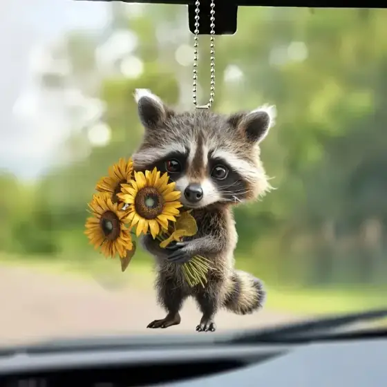 Cartoon Raccoon With Sunflowers Acrylic Keychain Fun Animal Pendant Versatile Charm For Car Móc Treo Đeo Thoại, Standee, Móc Khoá In Theo Yêu Cầu, Chất Liệu Mica Dày 4mm, Kích Thước 5.5 Cm, Có In Test Mẫu
