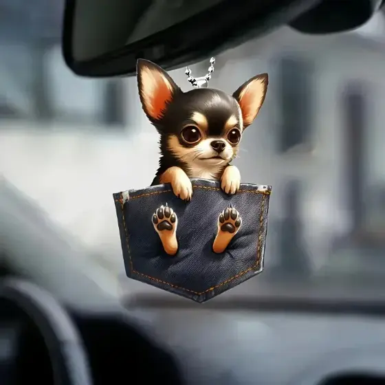 Chihuahua In Denim Pocket Versatile Car Mirror & Keychain Charm Puppy Hanging Ornament Móc Treo Đeo Thoại, Standee, Móc Khoá In Theo Yêu Cầu, Chất Liệu Mica Dày 4mm, Kích Thước 5.5 Cm, Có In Test Mẫu