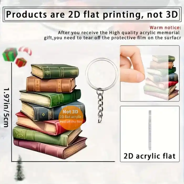 Creative Bookpile Pendant Keychain Book Themed 2d Flat Acrylic Ornament Charms Hanging Móc Treo Đeo Thoại, Standee, Móc Khoá In Theo Yêu Cầu, Chất Liệu Mica Dày 4mm, Kích Thước 5.5 Cm, Có In Test Mẫu