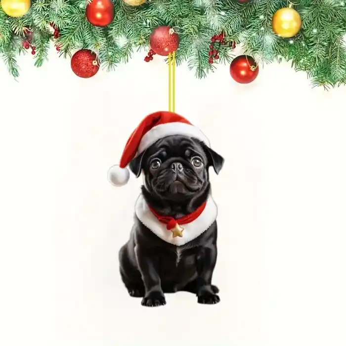 Cute Black Pug Christmas Pendant Keychain,cartoon Puppy 2d Acrylic Versatile Charm,decor For Móc Treo Đeo Thoại, Standee, Móc Khoá In Theo Yêu Cầu, Chất Liệu Mica Dày 4mm, Kích Thước 5.5 Cm, Có In Test Mẫu