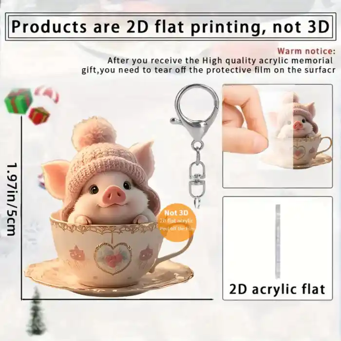 Cute Cartoon Piggy Pendant Keychain Pig In Cup 2d Flat Acrylic Ornament Charms Hanging Móc Treo Đeo Thoại, Standee, Móc Khoá In Theo Yêu Cầu, Chất Liệu Mica Dày 4mm, Kích Thước 5.5 Cm, Có In Test Mẫu
