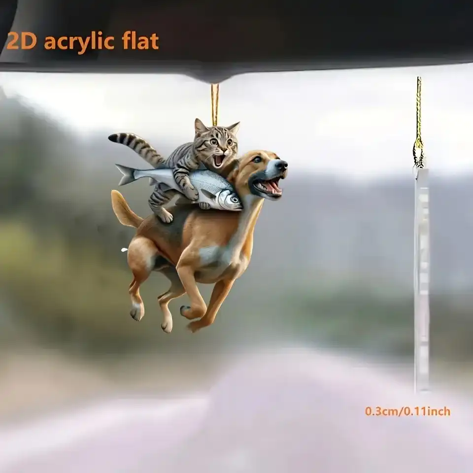 Cute Cat Riding Dog 2d Flat Acrylic Keychain Novel Pet-themed Pendant Versatile Charm For Car Móc Treo Đeo Thoại, Standee, Móc Khoá In Theo Yêu Cầu, Chất Liệu Mica Dày 4mm, Kích Thước 5.5 Cm, Có In Test Mẫu