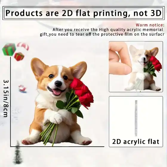 Cute Corgi & Rose Pendant Keychain,chic Puppy 2d Flat Acrylic Hanging Charm,decor For Móc Treo Đeo Thoại, Standee, Móc Khoá In Theo Yêu Cầu, Chất Liệu Mica Dày 4mm, Kích Thước 5.5 Cm, Có In Test Mẫu