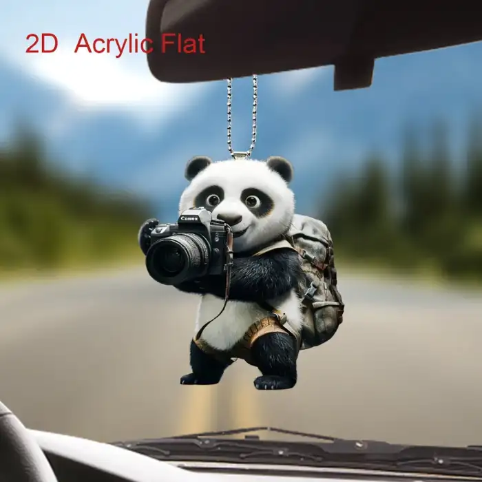 Cute Panda With Camera Pendant Keychain Cartoon Animal 2d Flat Acrylic Ornament Charms Móc Treo Đeo Thoại, Standee, Móc Khoá In Theo Yêu Cầu, Chất Liệu Mica Dày 4mm, Kích Thước 5.5 Cm, Có In Test Mẫu