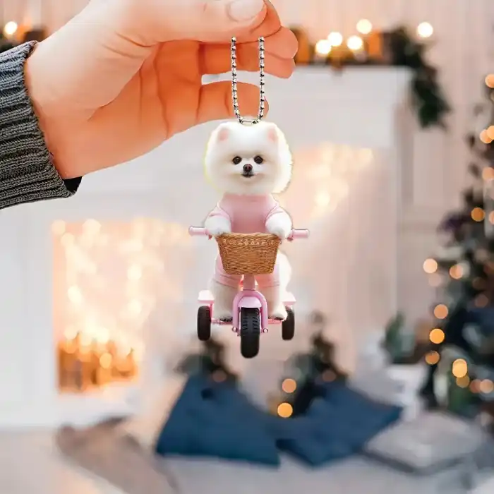 Cute Puppy Acrylic Pendant Versatile Charm White Dog Riding Bike Keychain For Car Móc Treo Đeo Thoại, Standee, Móc Khoá In Theo Yêu Cầu, Chất Liệu Mica Dày 4mm, Kích Thước 5.5 Cm, Có In Test Mẫu