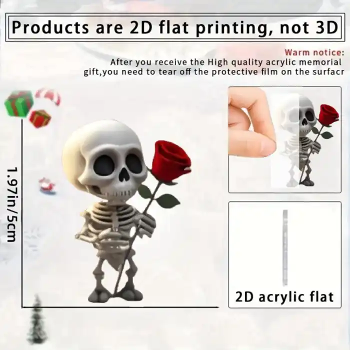 Cute Skeleton Holding A Rose Pendant Keychain,love Themed 2d Flat Acrylic Ornament,hanging Móc Treo Đeo Thoại, Standee, Móc Khoá In Theo Yêu Cầu, Chất Liệu Mica Dày 4mm, Kích Thước 5.5 Cm, Có In Test Mẫu