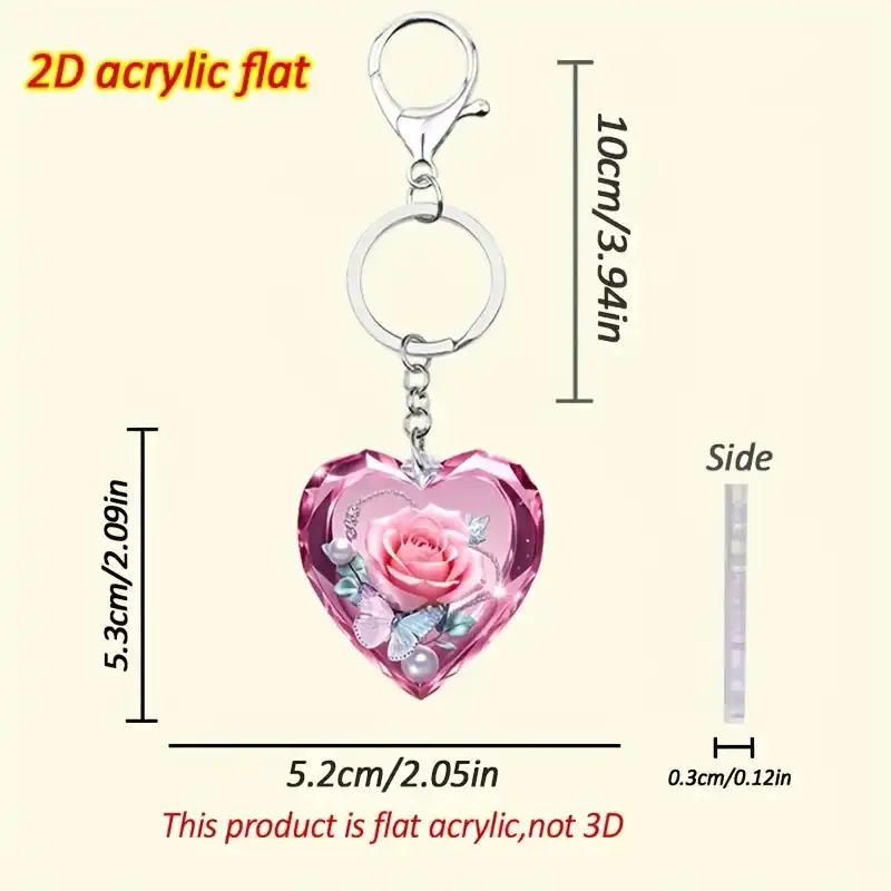Elegant Pink Heart Keychain 2d Acrylic Pendant Suitable For Car Keys Backpacks Wallet Holiday Móc Treo Đeo Thoại, Standee, Móc Khoá In Theo Yêu Cầu, Chất Liệu Mica Dày 4mm, Kích Thước 5.5 Cm, Có In Test Mẫu