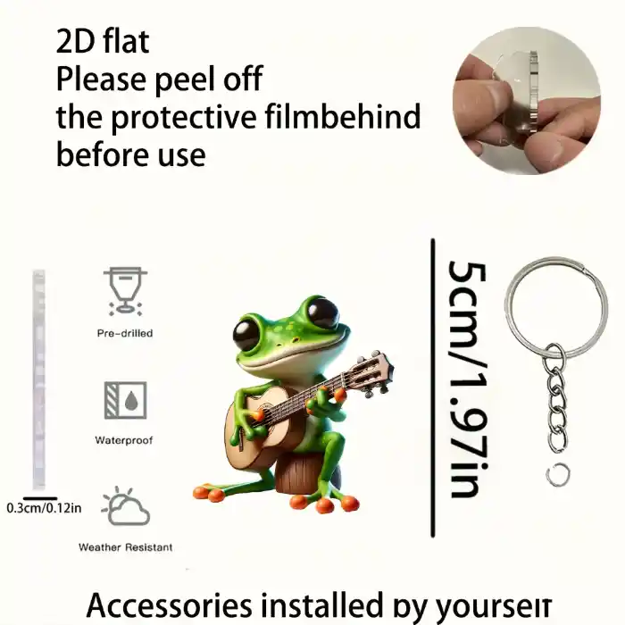 Fashionable Frog Playing Guitar Pendant Keychain,animal Themed 2d Flat Acrylic Móc Treo Đeo Thoại, Standee, Móc Khoá In Theo Yêu Cầu, Chất Liệu Mica Dày 4mm, Kích Thước 5.5 Cm, Có In Test Mẫu