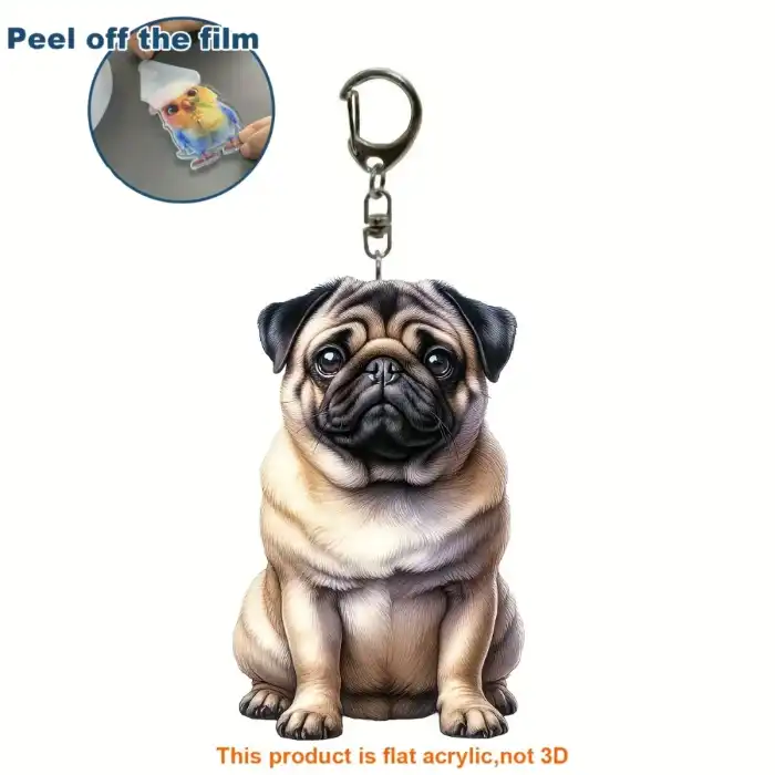 Stylish Sit Pug Dog Pendant Keychain,cute Pet Puppy Flat 2d Acrylic Hanging Charm,for Car Móc Treo Đeo Thoại, Standee, Móc Khoá In Theo Yêu Cầu, Chất Liệu Mica Dày 4mm, Kích Thước 5.5 Cm, Có In Test Mẫu
